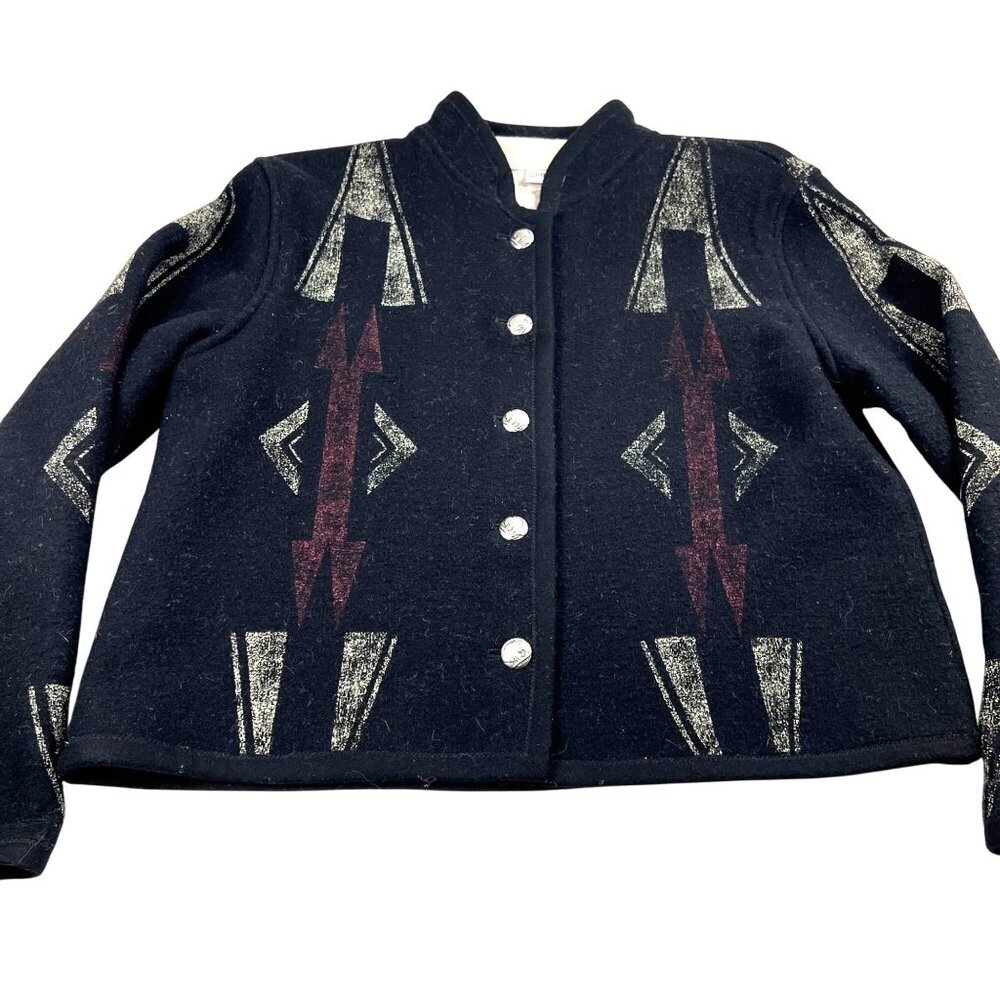 Chicos Size 2 Wool Blend Womens Jacket Southwestern Tribal Geometric Pattern